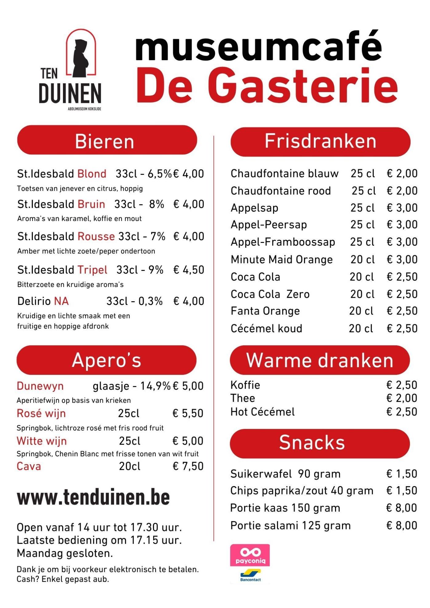 Menukaart museumcafé De Gasterie