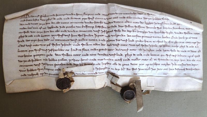 Fig. 1. Een contract om veen te winnen uit 1351 (Grootseminarie Brugge - foto JVA-Abdijmuseum).